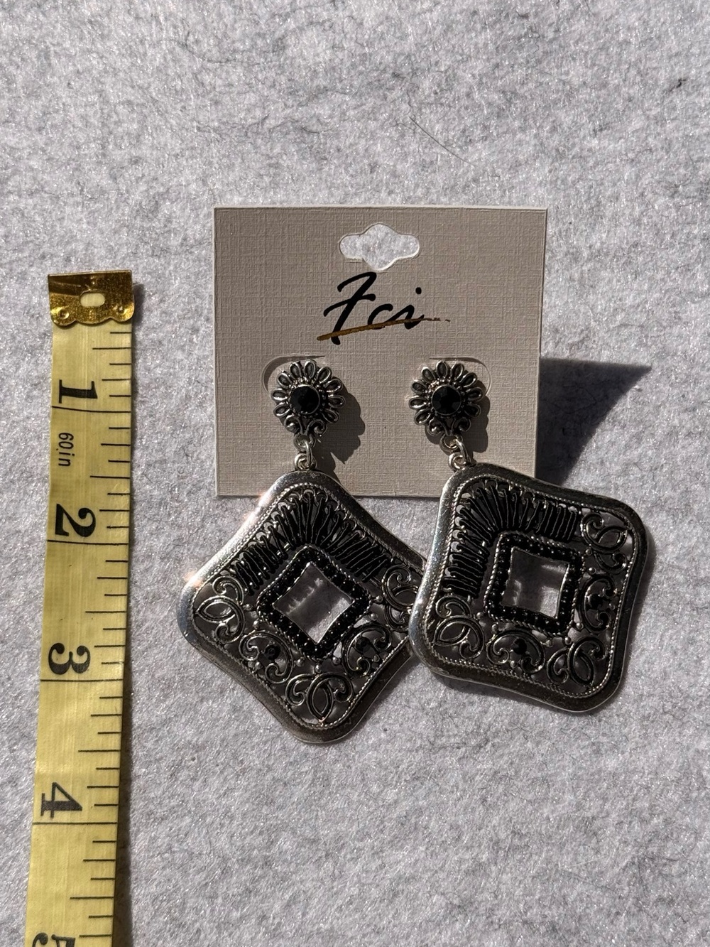 Silver-Tone Ornate Square Drop Earrings
